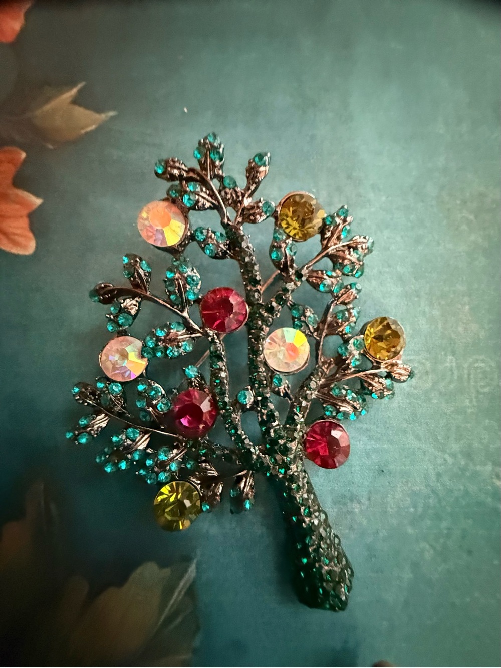 Crystal Tree Brooch Pin in Teal, Pink & Yellow